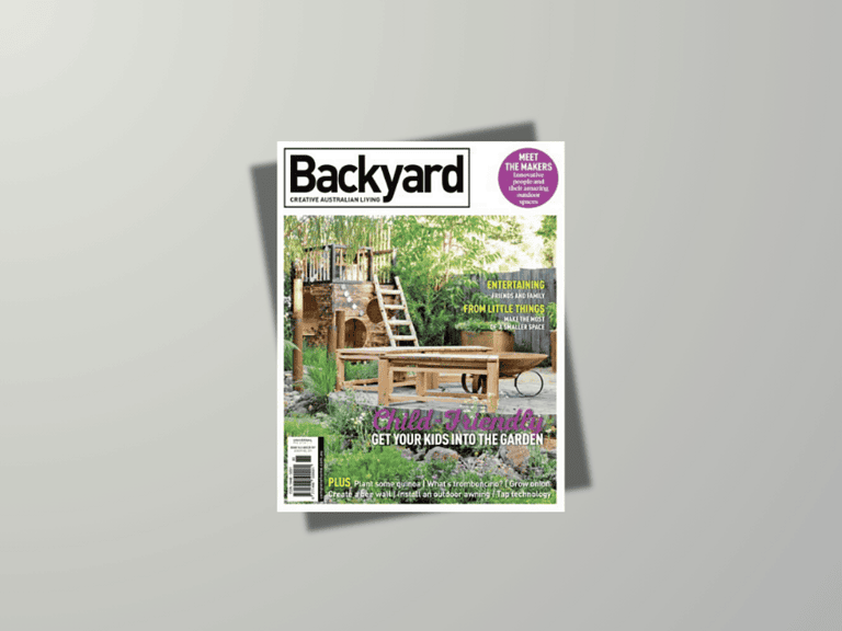 Backyard Creative Australian Living Magazine cover, Edition 16.3 (2018), featuring Paal Grants Mandala show garden – geometry and movement framed by a moon gate.