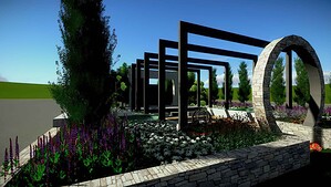 Stone circular moon gate with black steel pergola frames and purple flower plantings at Nagasaki Gardening World Cup