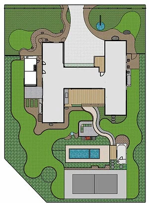Aerial landscape design plan showing pool, pickleball court and garden layout for Daylesford House 5 from The Block