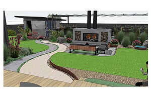 Modern outdoor fireplace with wood storage flanked by curved lawn areas and native plantings at Daylesford House 5