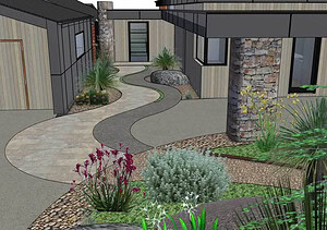 3D landscape design render showing curved pathways and native plantings for contemporary garden at Mount Sturgeon, Dunkeld
