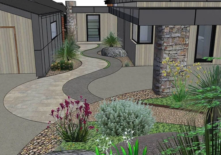3D landscape design render showing curved pathways and native plantings for contemporary garden at Mount Sturgeon, Dunkeld