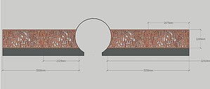 Technical construction drawing showing circular opening with measurements and brick paving detail