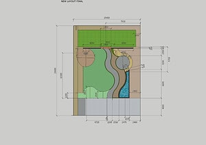 Top-down landscape design plan showing curved pool, pathways, and planted areas with detailed measurements
