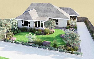 Aerial view of modern front garden with curved exposed aggregate driveway, native plantings, and contemporary single-story home